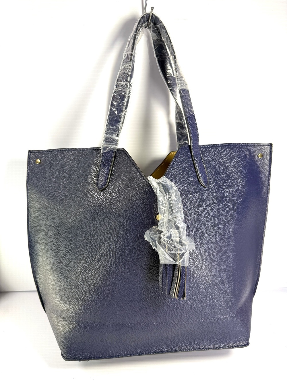 Neiman Marcus Navy Pebbled Vegan Leather Tote with Tassel